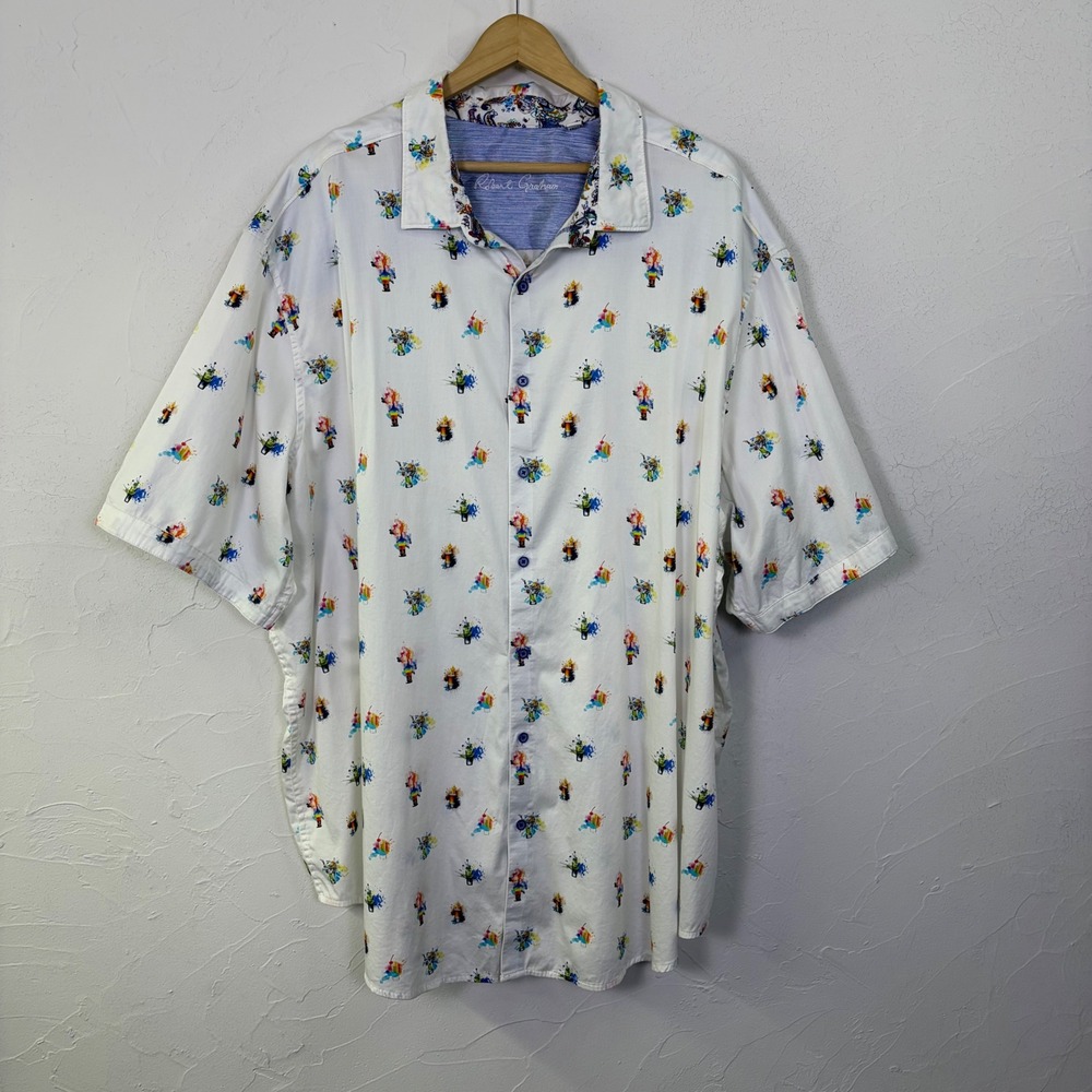 Robert Graham Cocktail Print Shirt Mens 4XLT White Button Up Short Sleeve Party